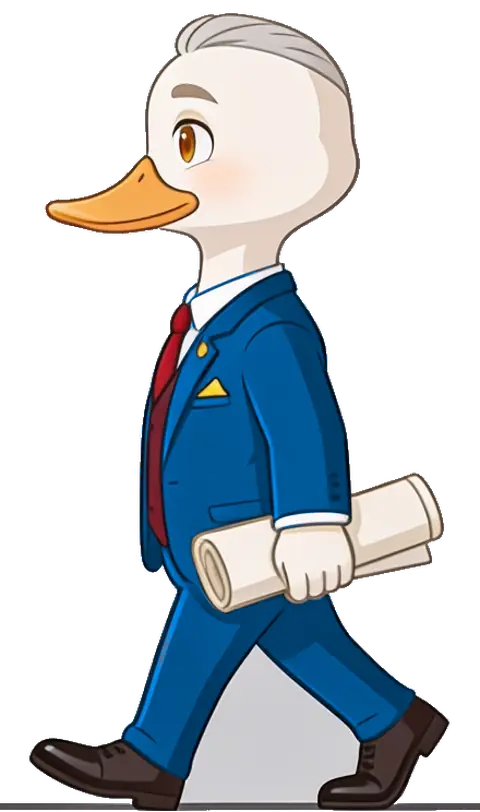 Monsieur Canard en costume, un document roulé sous le bras